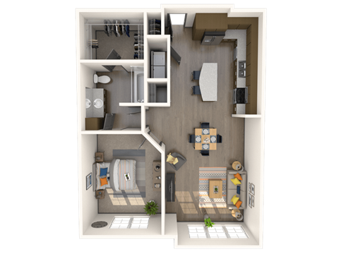 Floor plan for 1 bed, 1 bath, 858 sqft